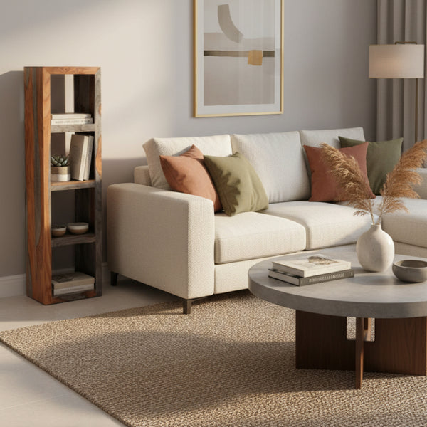 Wooden bookshelf with a rustic design on a white background