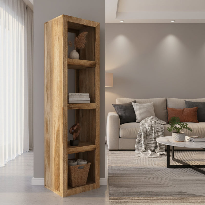 Wooden bookshelf with four shelves on a white background