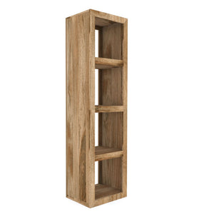 Wooden bookshelf with four shelves on a white background