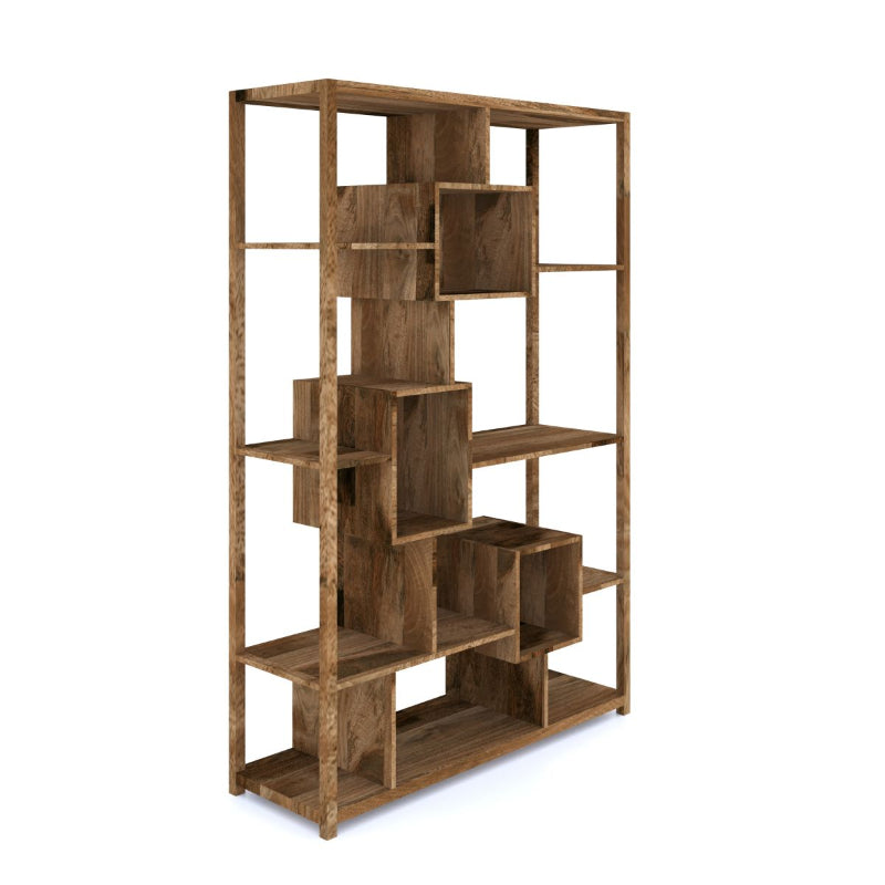 Wooden bookshelf with geometric design on a white background