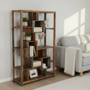 Wooden bookshelf with a rustic design in a room setting
