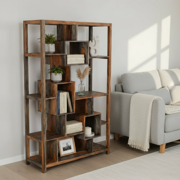 Wooden bookshelf with a rustic design in a room setting