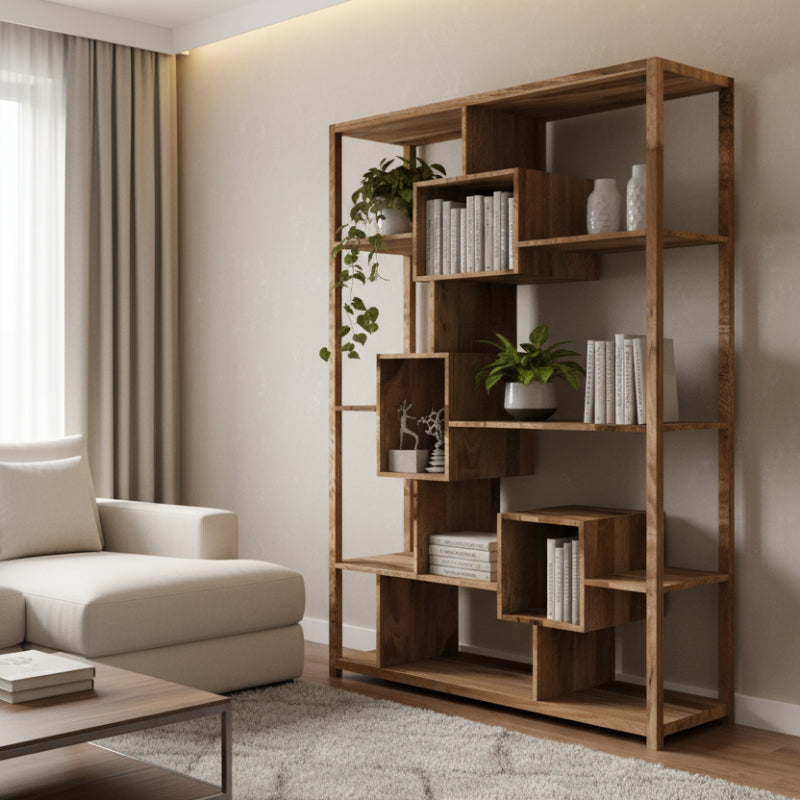 Wooden bookshelf with geometric design on a white background