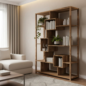 Wooden bookshelf with geometric design in a room setting