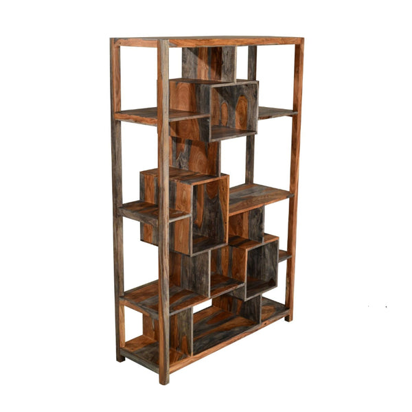 Wooden bookshelf with a rustic design on a white background