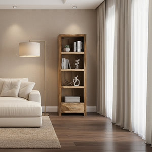 Wooden bookshelf with four shelves in a room shot