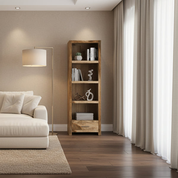Wooden bookshelf with four shelves in a room shot