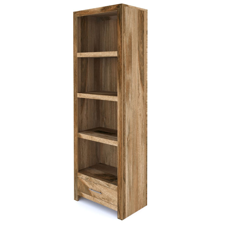 Wooden bookshelf with four shelves on a white background