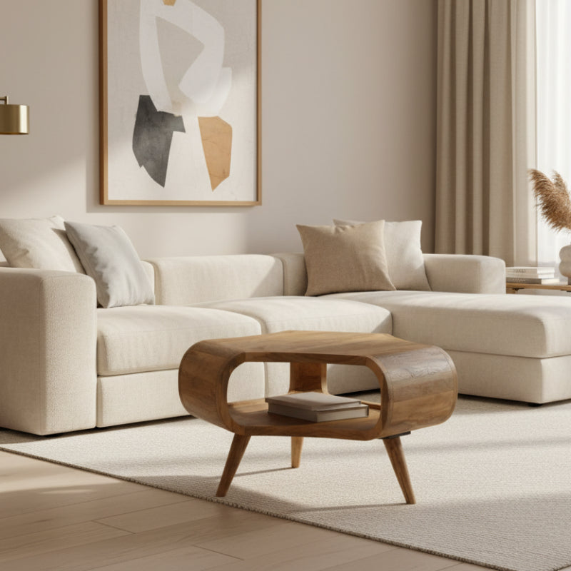 Wooden side table with curved design on a white background
