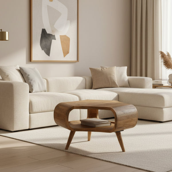 Wooden side table with curved design on a white background
