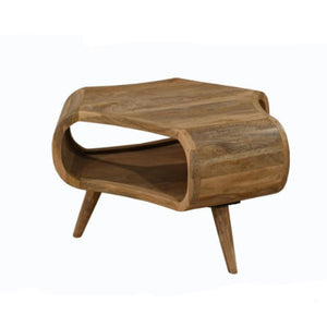 Wooden side table with curved design on a white background