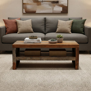 Wooden coffee table with a rustic design in a roomshot