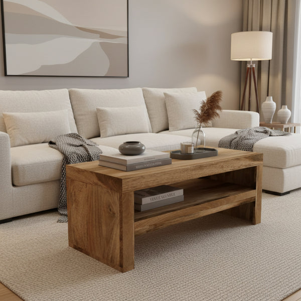 Wooden TV stand in a room shot