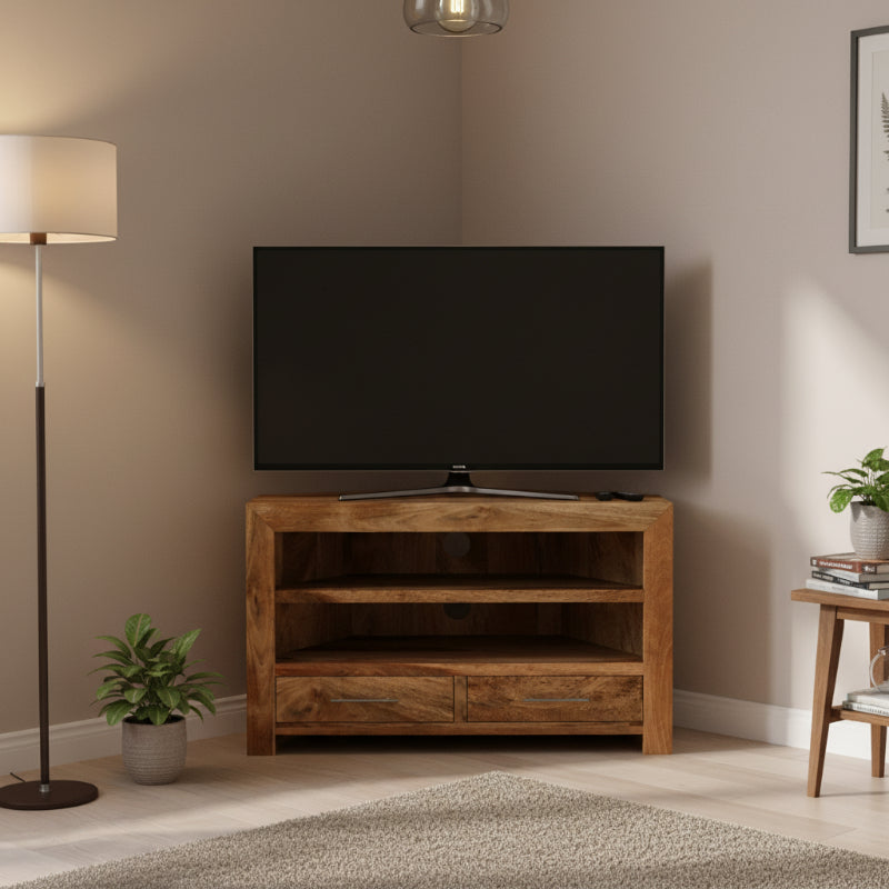 Wooden TV stand with two shelves and two drawers on a white background