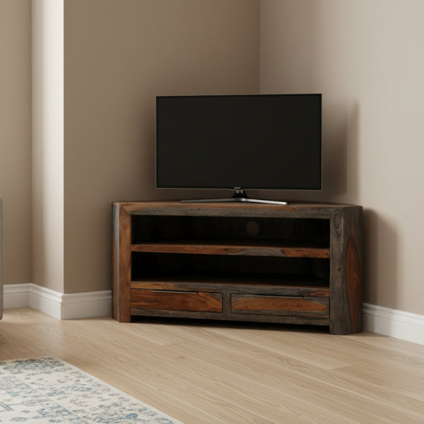 Wooden corner TV stand with a rustic finish in a room shot