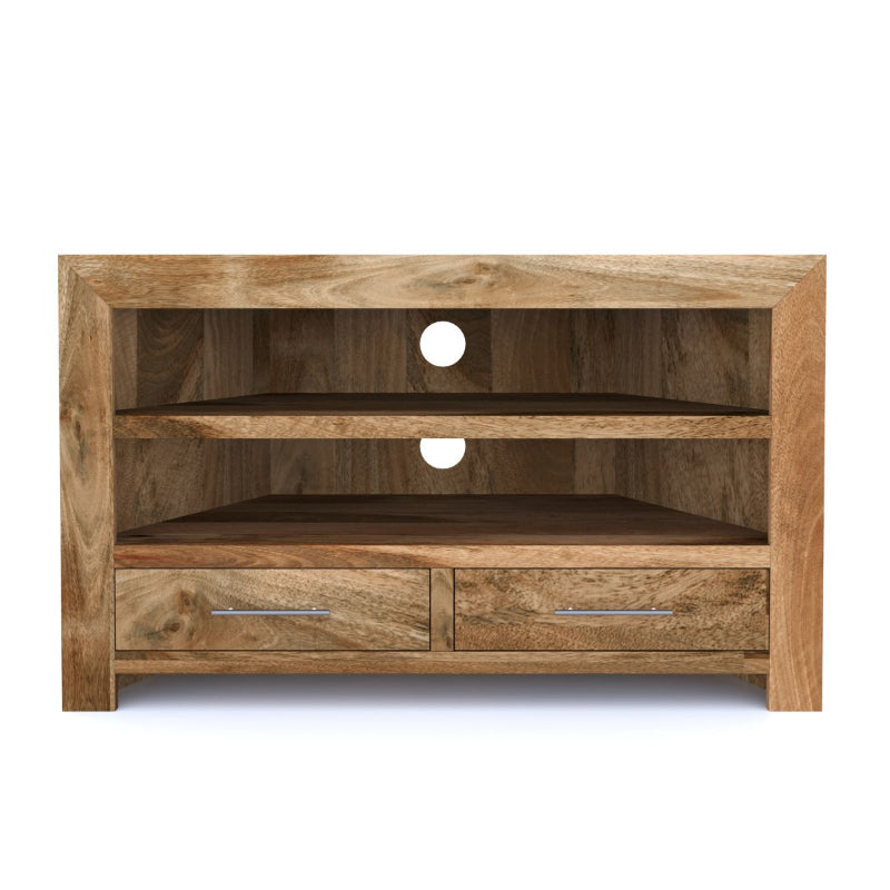 Wooden TV stand with two shelves and two drawers on a white background