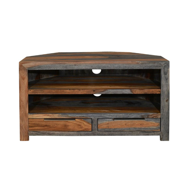 Wooden corner TV stand with a rustic finish on a white background