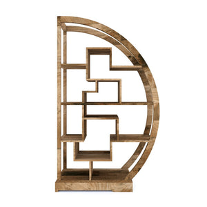 Wooden bookshelf with geometric design on a white background