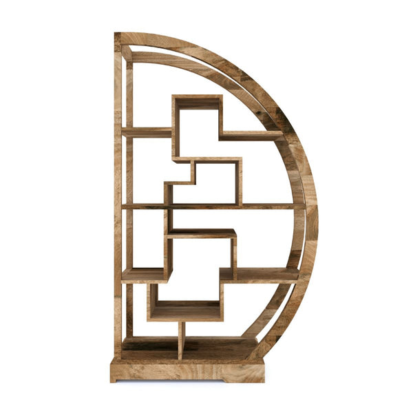 Wooden bookshelf with geometric design on a white background
