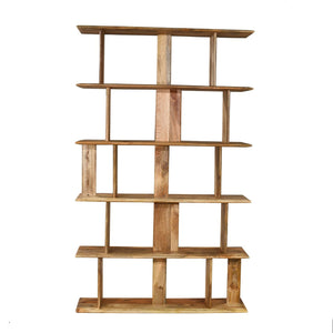 Wooden bookshelf with multi shelves on a white background