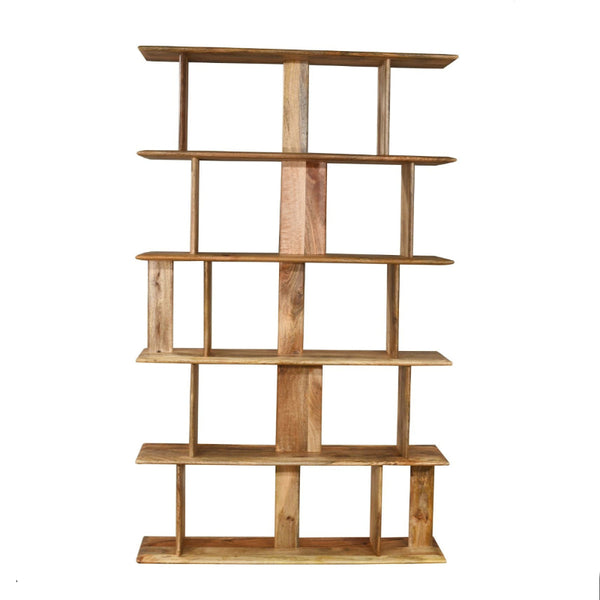 Wooden bookshelf with multi shelves on a white background