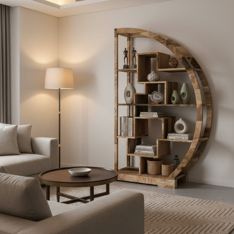 Wooden bookshelf with geometric design on a white background