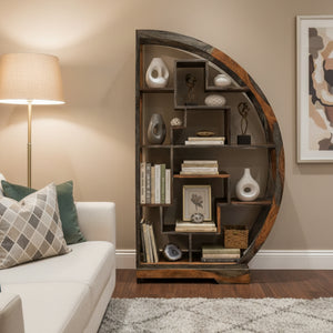 Wooden bookshelf with a circular design on a white background