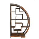 Wooden bookshelf with a circular design on a white background