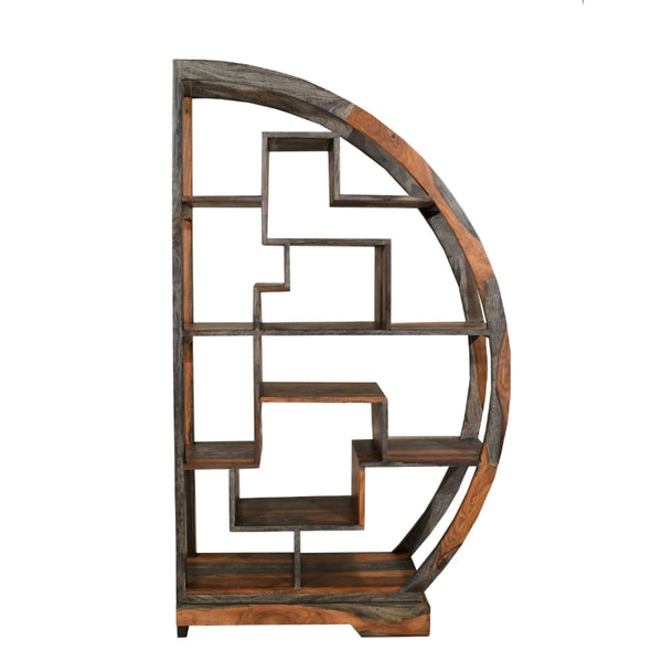 Wooden bookshelf with a circular design on a white background