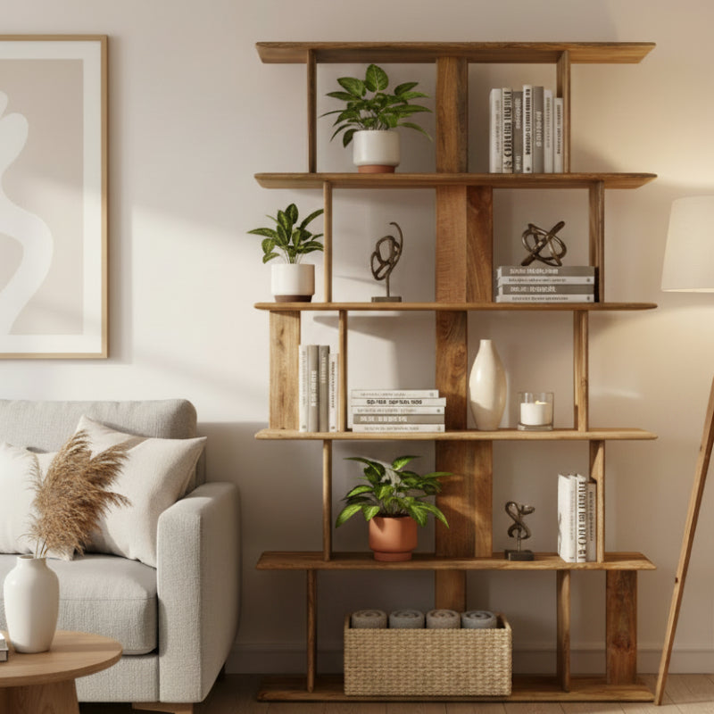 Wooden bookshelf with multi shelves on a white background