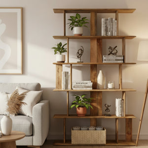 Wooden bookshelf with five shelves on a white background