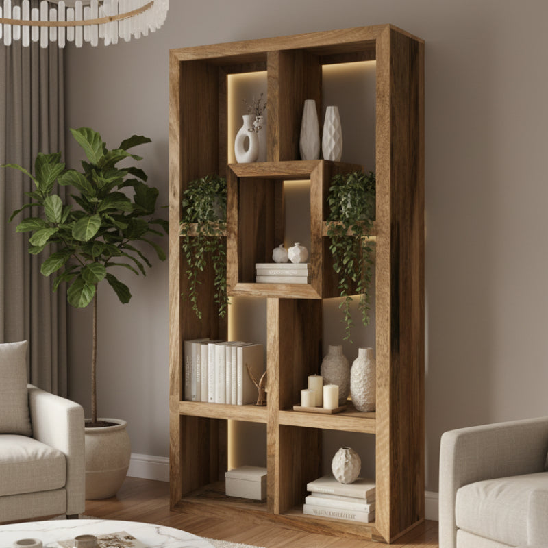 Wooden bookshelf with geometric design on a white background