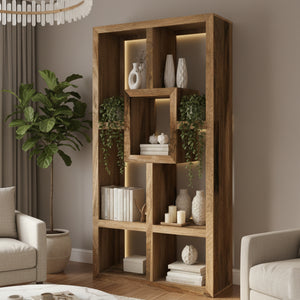 Wooden bookshelf with geometric design in a room setting