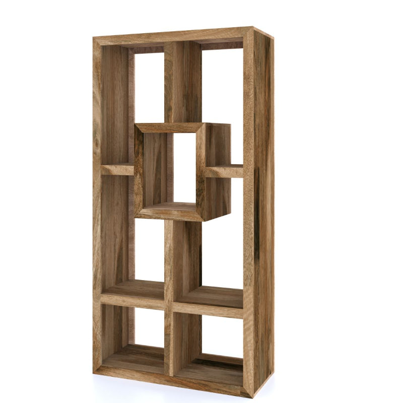 Wooden bookshelf with geometric design on a white background