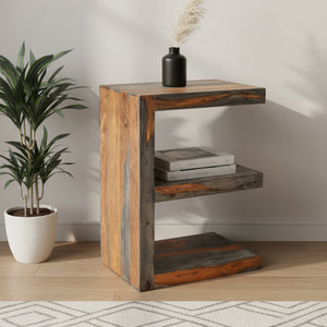 Wooden side table with a rustic design in a room setting