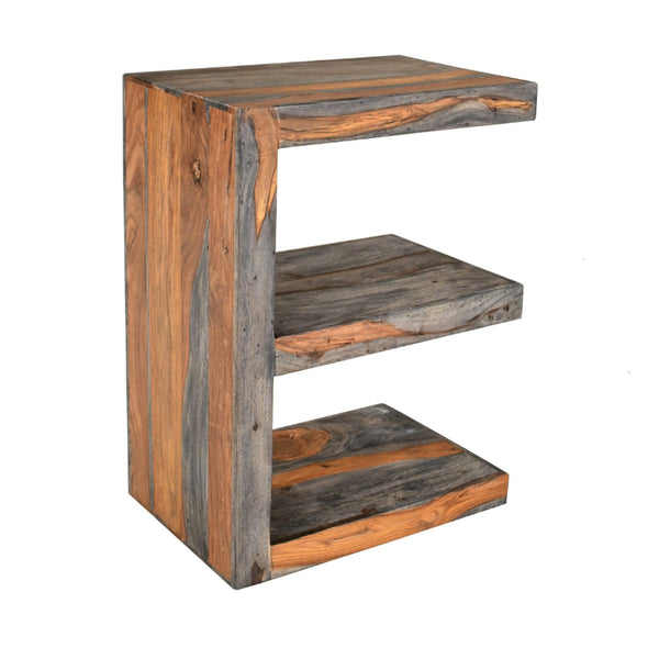 Wooden side table with a rustic design on a white background