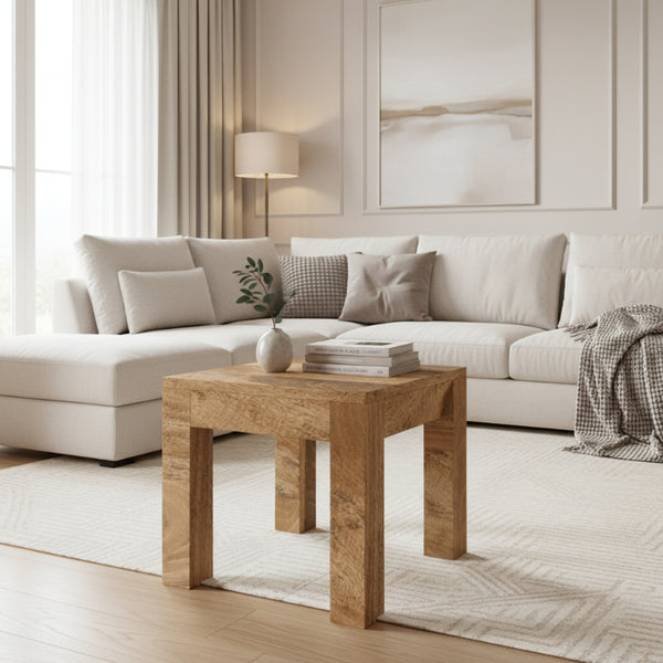 Wooden side table on a white background