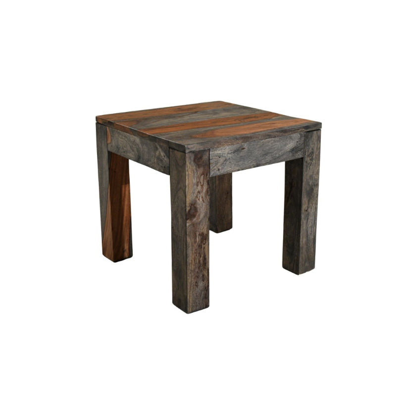 Wooden side table with a rustic design on a white background