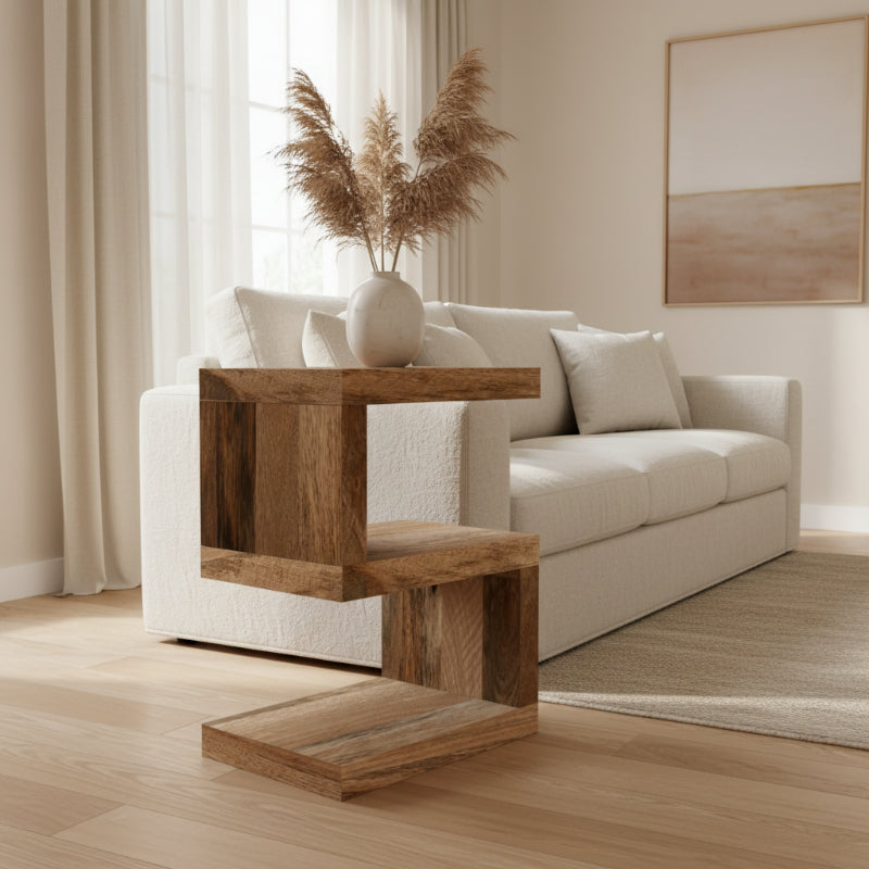 Wooden shelf with a modern design on a white background
