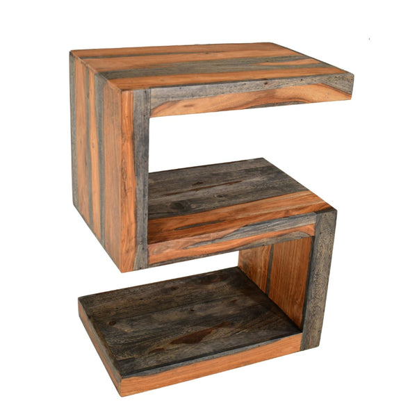 Wooden side table with a rustic design on a white background