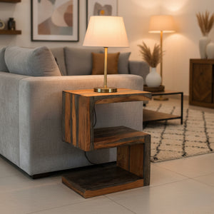 Wooden side table with a rustic design in a room shot