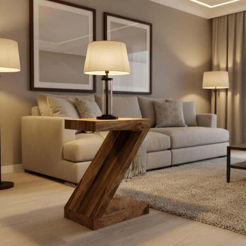 Wooden Z-shaped side table on a white background