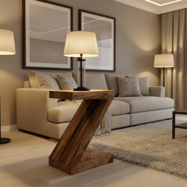 Wooden Z-shaped side table in a room shot