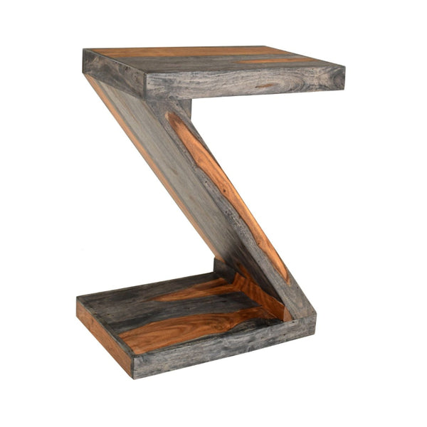 Wooden side table with zigzag design on a white background