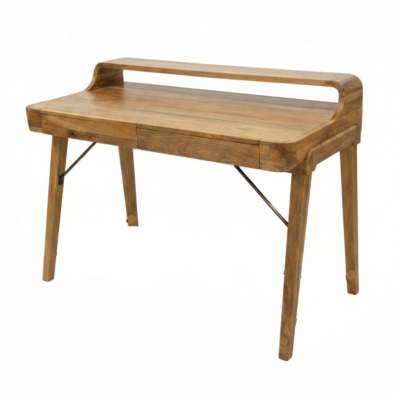 Wooden desk with metal legs on a white background