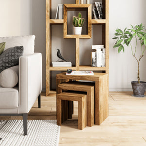 Wooden bookshelf with decorative items in a living room setting