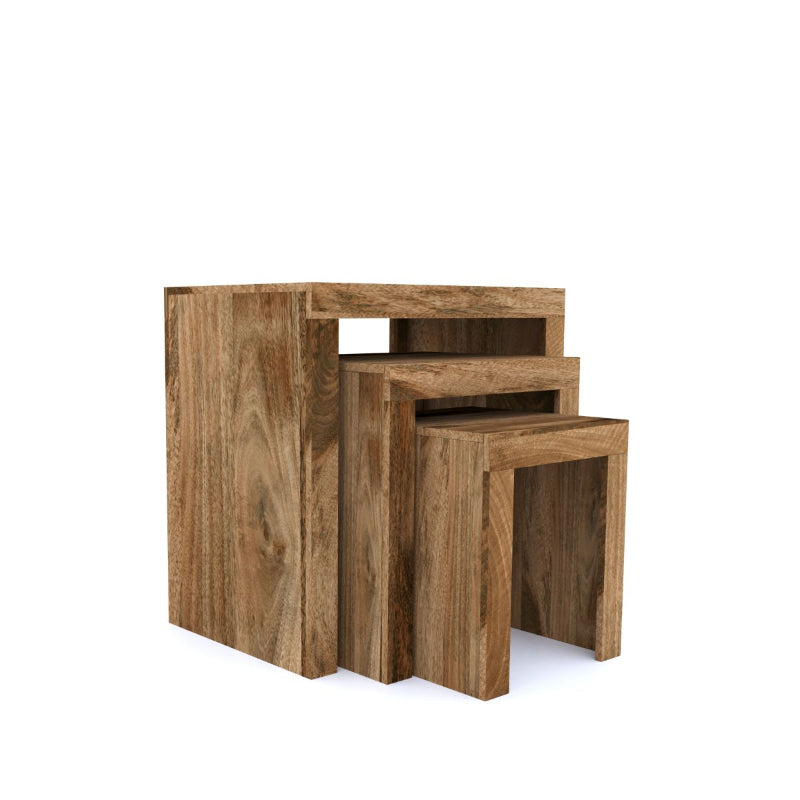 Set of three wooden nesting tables on a white background