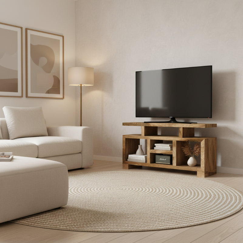 Woodentv unit with open shelves on a white background