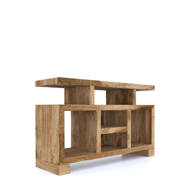 Woodentv unit with open shelves on a white background