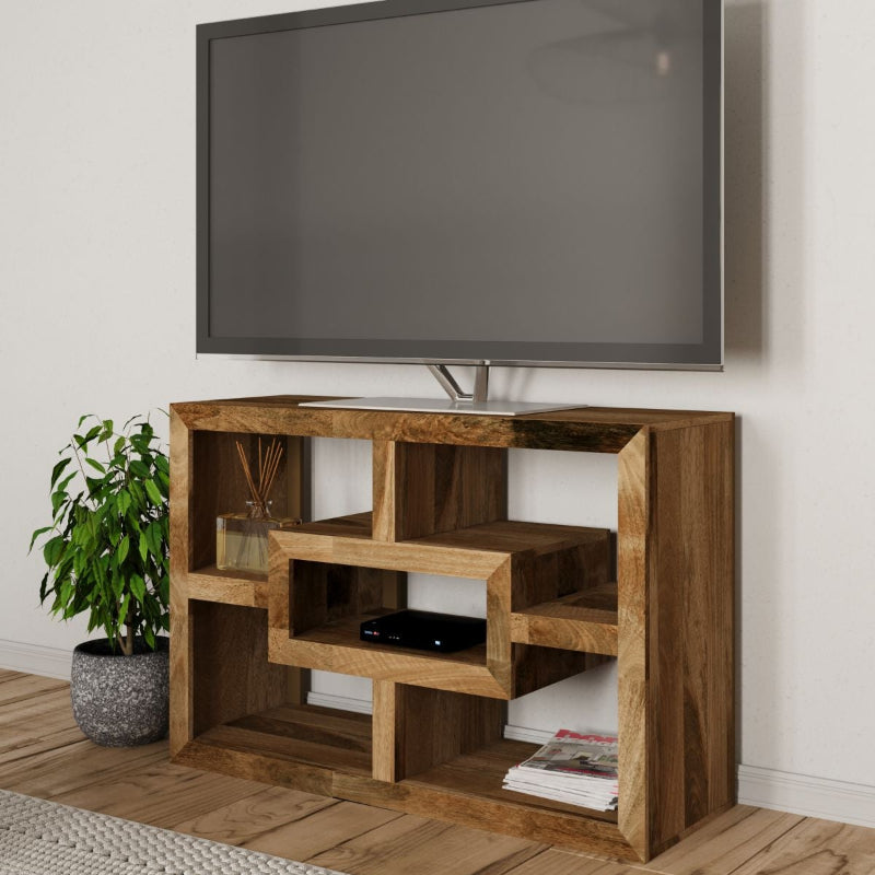 Wooden geometric shelf with multiple levels on a white background